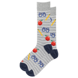 A pair of gray crew socks with thin white horizontal stripes, featuring a playful school-themed pattern of red apples, blue glasses, yellow pencils, and navy blue heels and toes. thumbnail