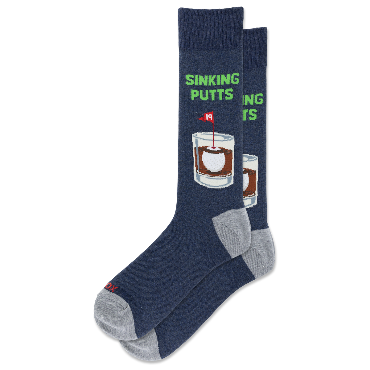 A pair of navy blue crew socks with gray heels and toes, featuring a graphic of a whiskey glass with a sinking putts flag and the text 'SINKING PUTTS' in green.