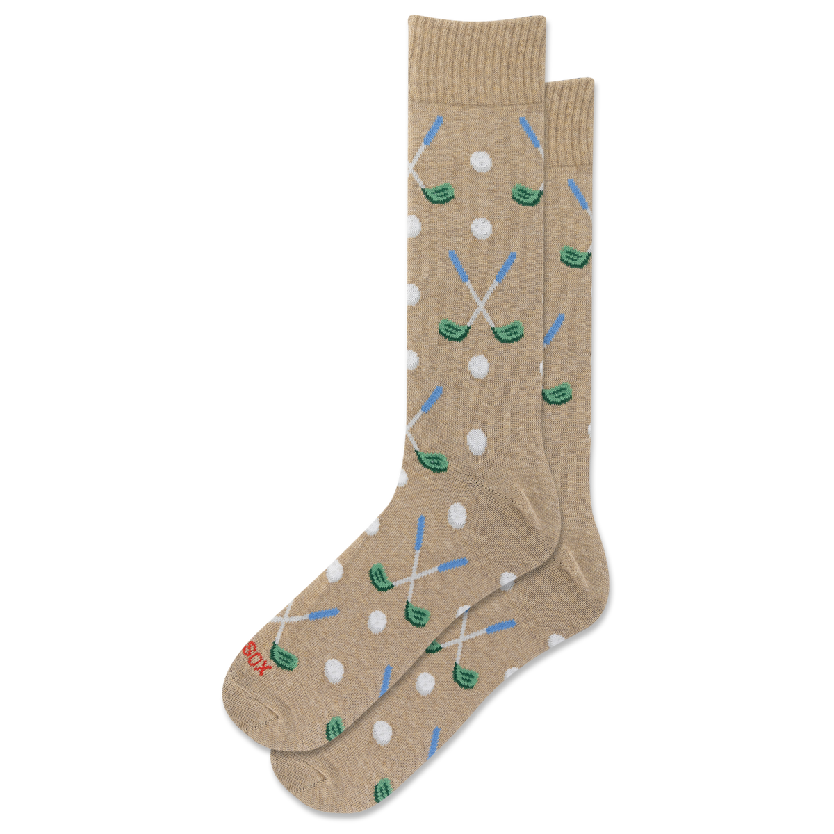 A pair of beige crew socks with a golf-themed pattern of crossed green and blue clubs, white golf balls, and green tees, shown on a plain white background.
