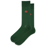 A pair of socks in green with embroidered designs of a maple leaf