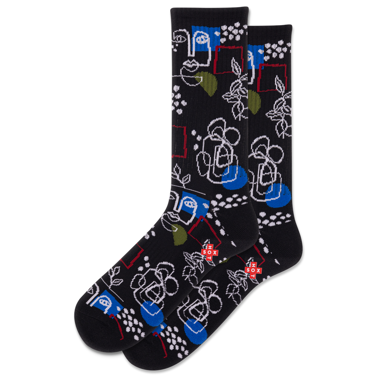 Black socks with colorful floral and geometric pattern on a white background