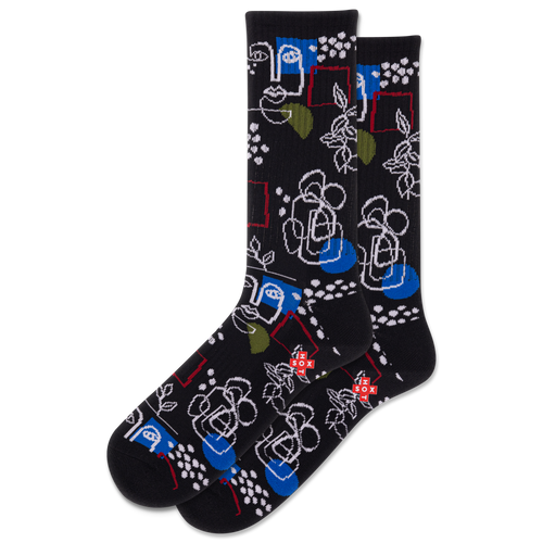 Black socks with colorful floral and geometric pattern on a white background