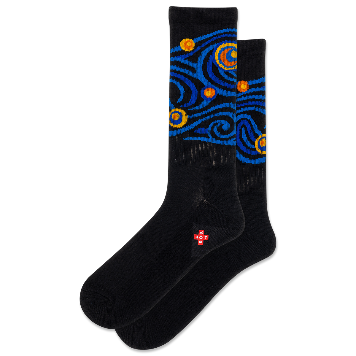 Black socks with blue and orange pattern on a white background