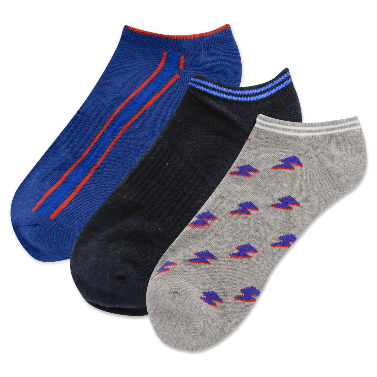 Three pairs of men's socks with a lightning bolt pattern, featuring different colors primarily in blue and gray.