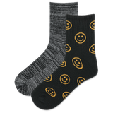 Set of colorful socks with smiley face patterns on a gradient background