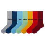 HOTSOX unisex seven pair crew sock pack with solid color socks in gray, navy, light blue, mint green, yellow, red-orange and red, featuring the day of the week knit into the cuff.