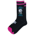 A pair of black crew socks with pink and magenta stripes at the top, featuring a gray rhinoceros graphic and the text 'REAL UNICORNS HAVE CURVES' in blue. The toes and heels are bright pink, and the brand name 'HOTSOX' is visible near the foot.