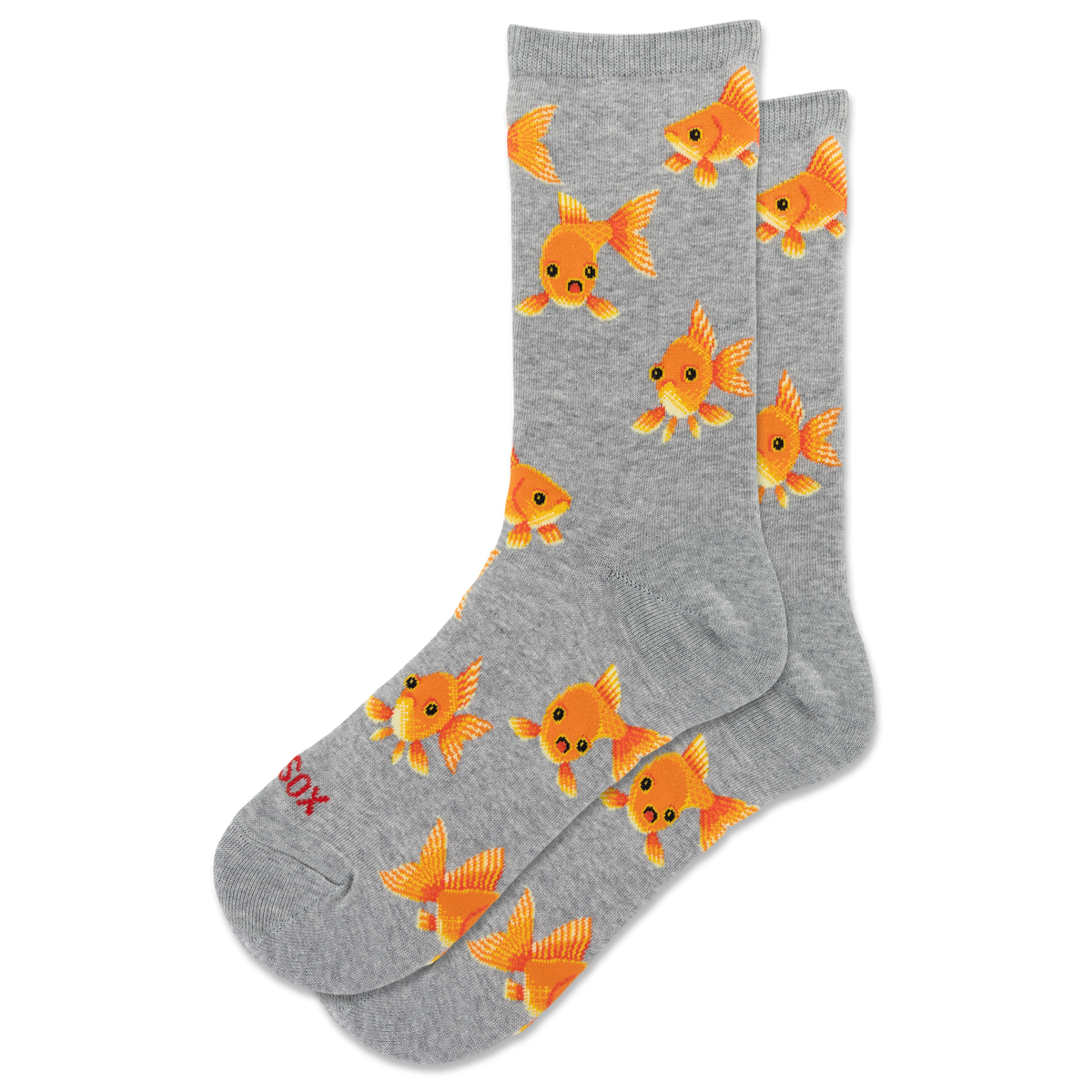 A pair of heather gray crew socks with a repeating pattern of cute orange cartoon goldfish, shown on a plain white background.