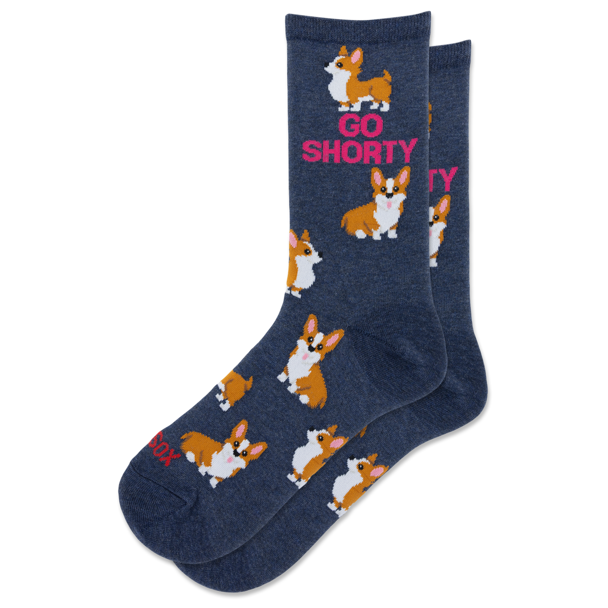 A pair of navy blue crew socks featuring a repeating pattern of corgi dogs and the pink text 'GO SHORTY'.