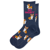 A pair of navy blue crew socks featuring a repeating pattern of corgi dogs and the pink text 'GO SHORTY'.