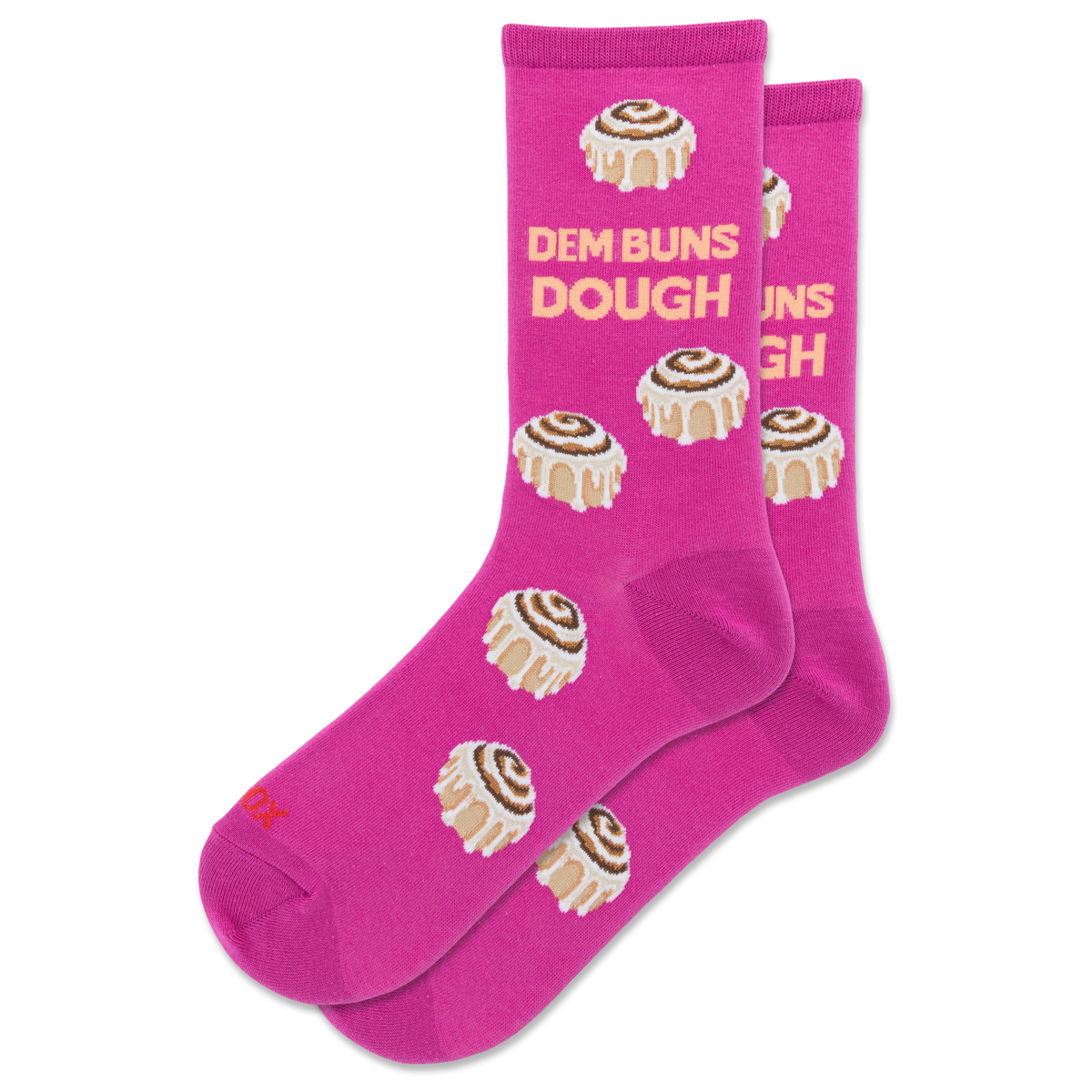 A pair of bright pink crew socks featuring a cinnamon roll pattern and the text 'DEM BUNS DOUGH' in light pink, shown on a plain white background.
