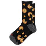 A pair of black crew socks with a repeating pattern of pizza slices missing a corner, resembling the game Pac-Man, with gray heels, toes, and soles. The brand name 'SOX' is printed in red on the toe area.