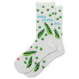 A pair of white crew socks with a green pea pattern, featuring the text 'easy peasy' in light blue and a small red 'HOTSOX' logo near the toe.