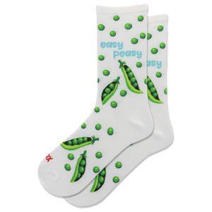 A pair of white crew socks with a green pea pattern, featuring the text 'easy peasy' in light blue and a small red 'HOTSOX' logo near the toe.