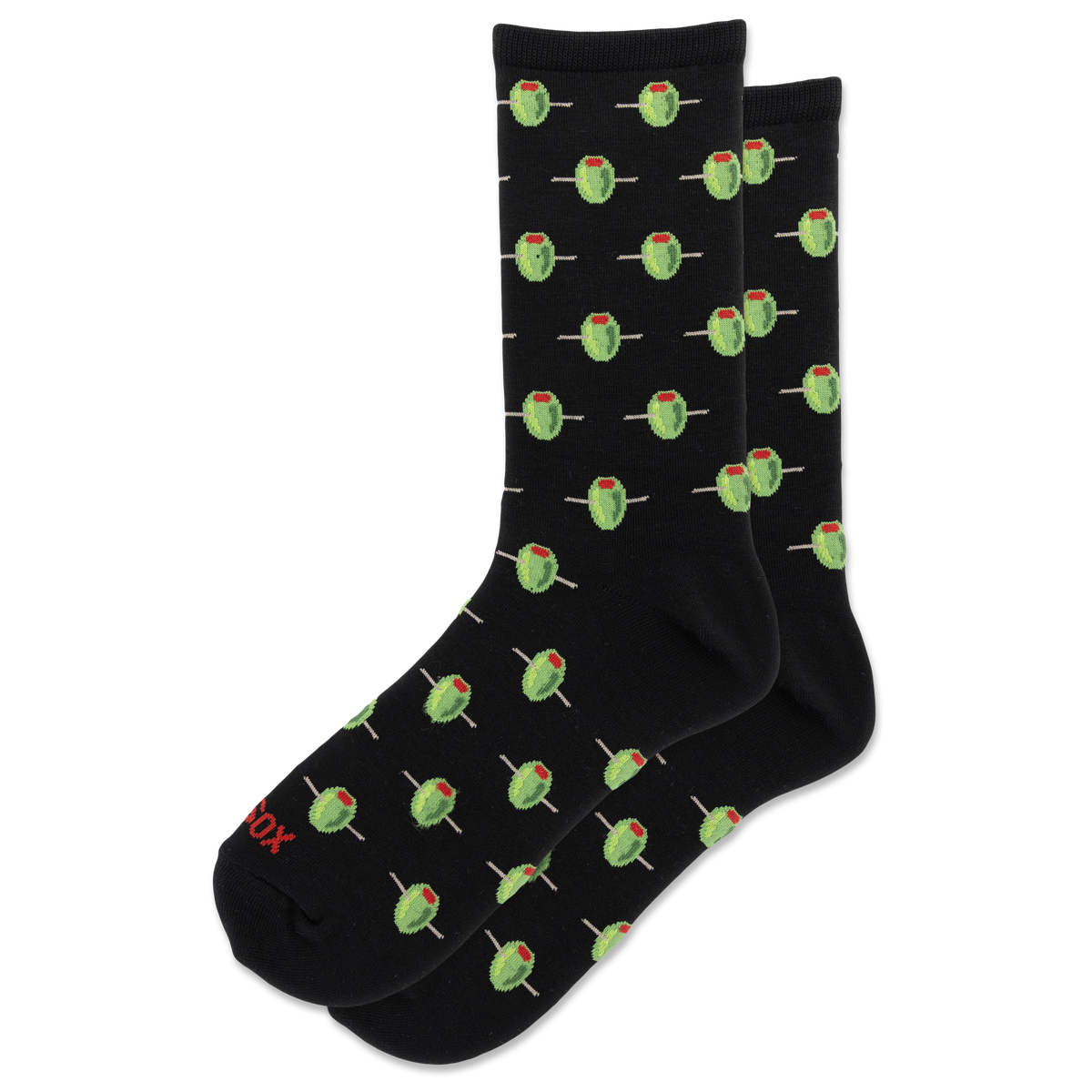 A pair of black crew socks with a repeating pattern of green cactus sponges with red tops, displayed on a clean white background.