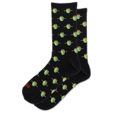 A pair of black crew socks with a repeating pattern of green cactus sponges with red tops, displayed on a clean white background.