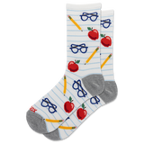 A pair of crew socks with a school-themed pattern featuring red apples, yellow pencils, and blue glasses on a white background with light blue horizontal stripes, set against a plain white background.
