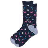 A pair of navy blue crew socks with a golf-themed pattern featuring pink and blue golf clubs, white golf balls, and light blue heels and toes.