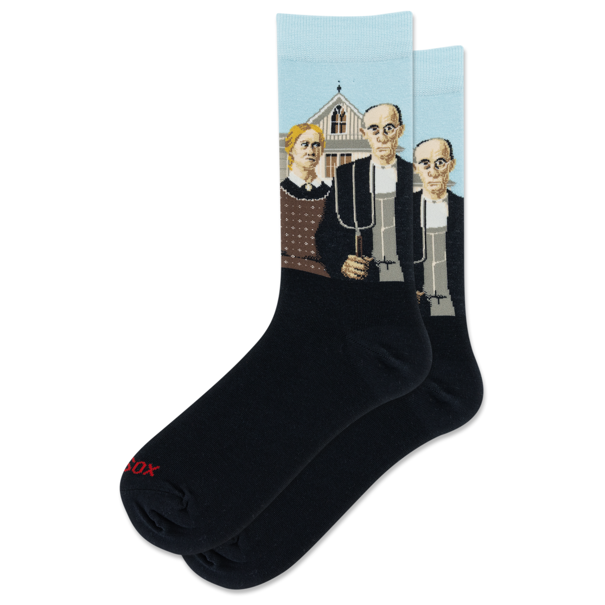 A pair of black crew socks with a light blue upper cuff featuring a graphic print of Grant Woods' "American Gothic" painting. The word 'HOTSOX' is printed in red on the toe area of the front sock.