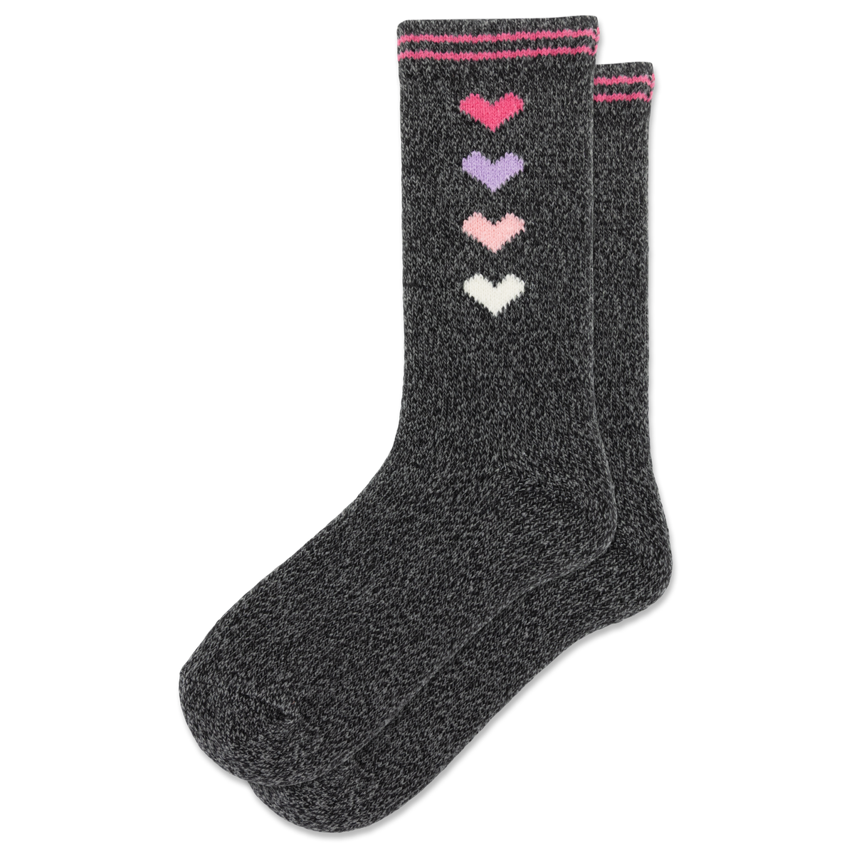 A pair of dark heather gray crew socks with four knitted hearts in pink, purple, light pink, and white down the side, finished with pink and white striped cuffs.