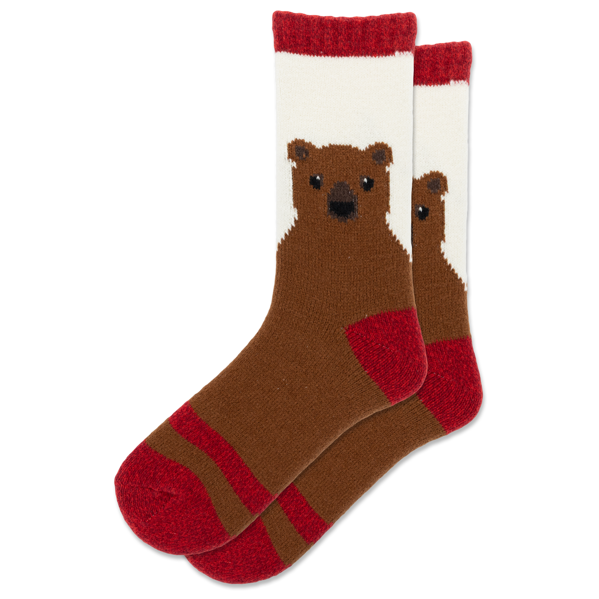 A pair of crew socks featuring a knitted brown bear face on a white background with red cuffs, heels, and toes, shown against a plain white background.