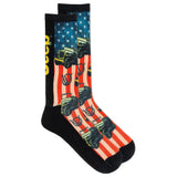 Socks with American flag and vintage Jeep truck design on a white background