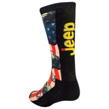 Black sock with colorful design and 'Jeep' branding on a white background