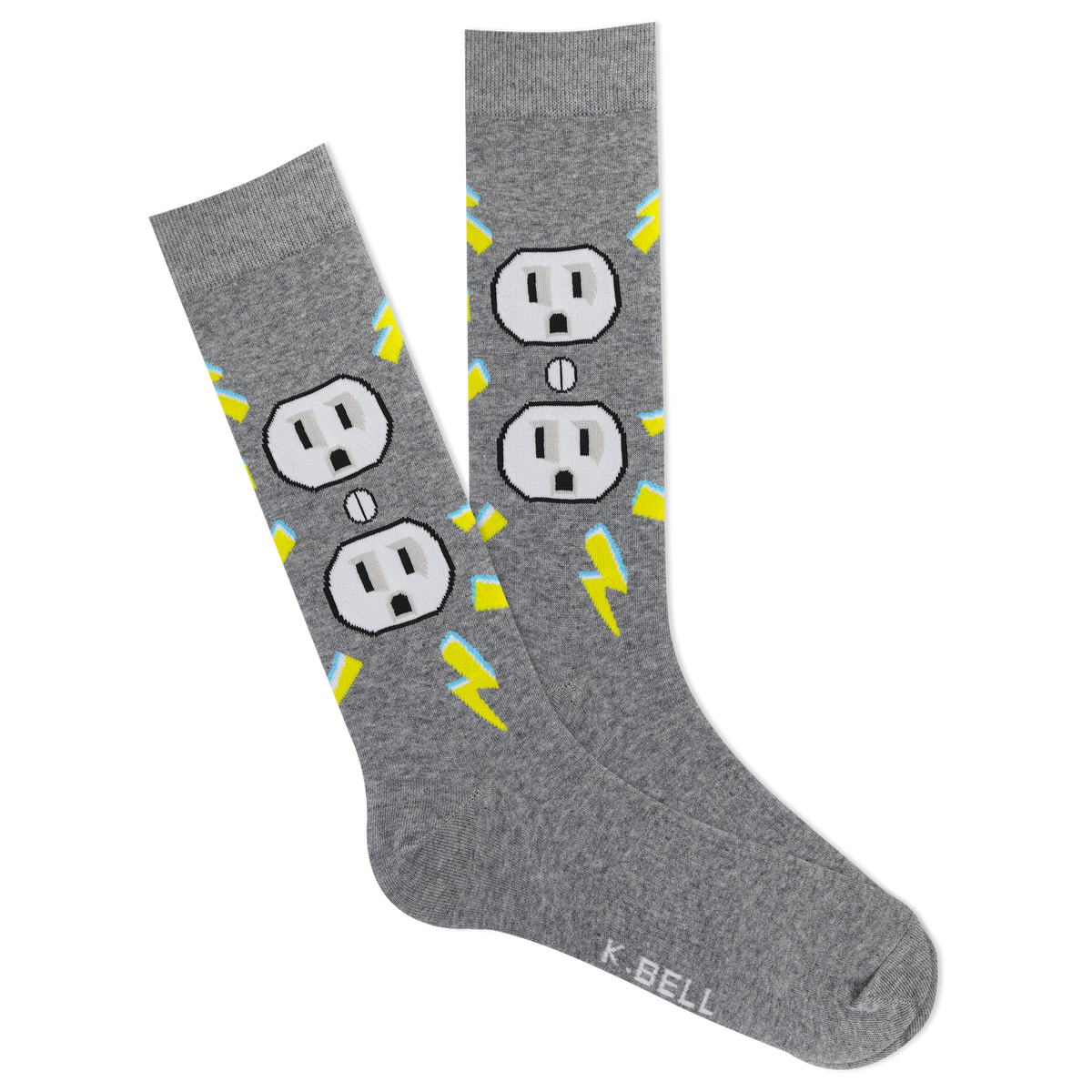 A pair of men's crew socks with a shocked face and electrical outlet design, primarily in gray color with yellow and blue accents.