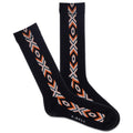Black socks with a geometric southwest pattern along the toes and heel