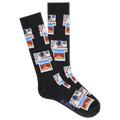 A pair of K.Bell men's crew socks with vintage camera photos pattern on a black background.