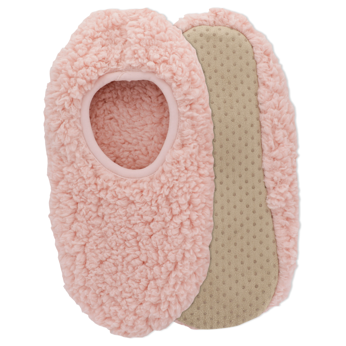 Pair of pink fuzzy slippers with a textured sole on a white background