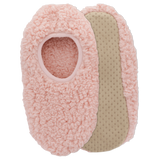Pair of pink fuzzy slippers with a textured sole on a white background thumbnail