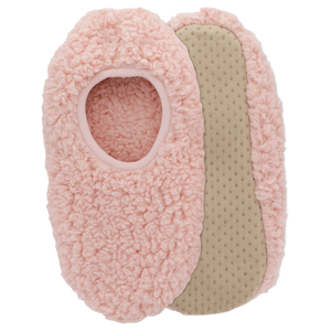 Pair of pink fuzzy slippers with a textured sole on a white background