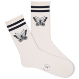 A pair of white roll-top crew socks with a black butterfly and two stripes design at the cuff. thumbnail