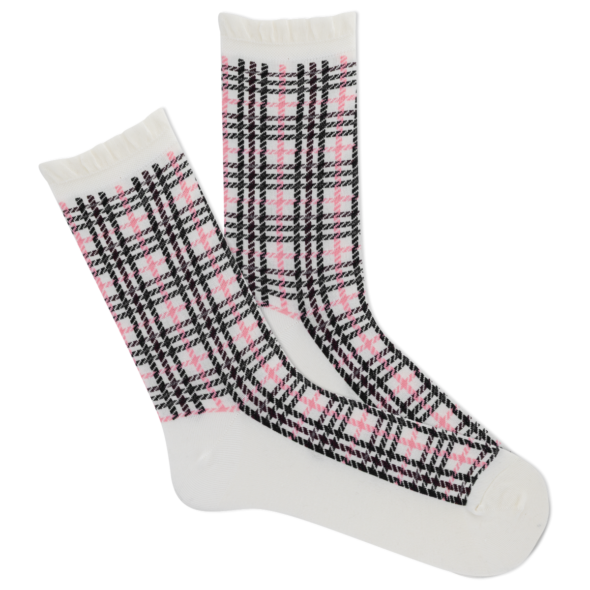 Plaid patterned women's socks with pink and black design on a white background