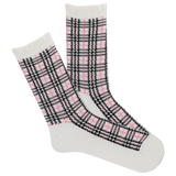 Plaid patterned women's socks with pink and black design on a white background