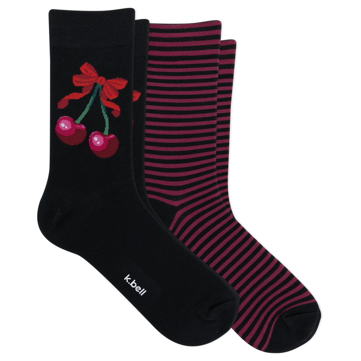 Two pairs of crew socks on a plain white background: one black sock with a red cherry and bow graphic and a small white 'kcball' logo near the toe, and a pair of burgundy-and-dark-red striped socks.