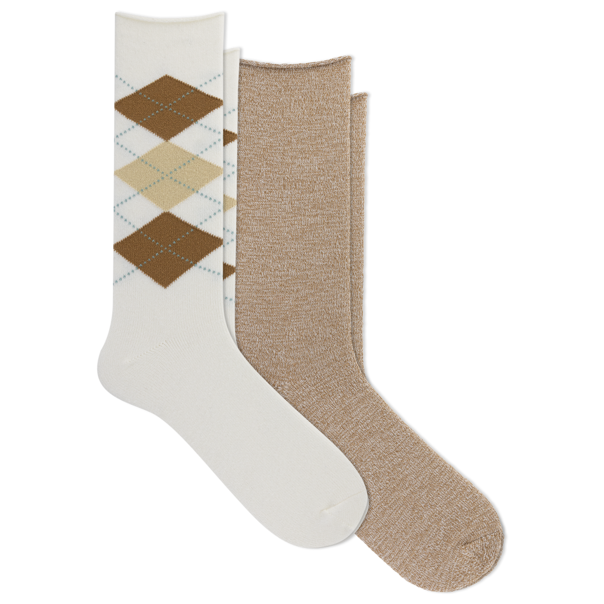 Two pairs of crew socks arranged overlapping on a white background. The front pair is white with an argyle diamond pattern in brown, tan, and light blue.
