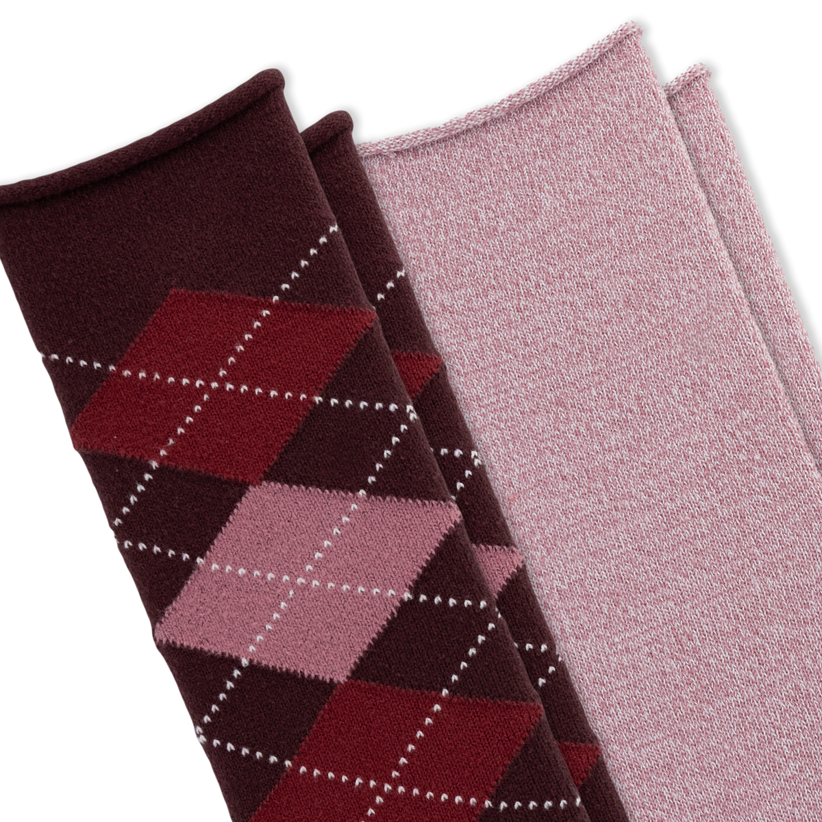 Two pairs of knit socks arranged diagonally on a white background. The front pair is dark burgundy with an argyle pattern in red, pink, and white dotted lines. The back pair is a solid light heathered pink.