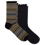 Two pairs of crew socks on a plain white background. One pair is solid black with a ruffled cuff, and the other pair has horizontal stripes in black, gray, and metallic gold with a ruffled cuff. thumbnail