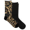 Two crew socks shown on a white background: one with a tan, brown, and black leopard print and one solid black.