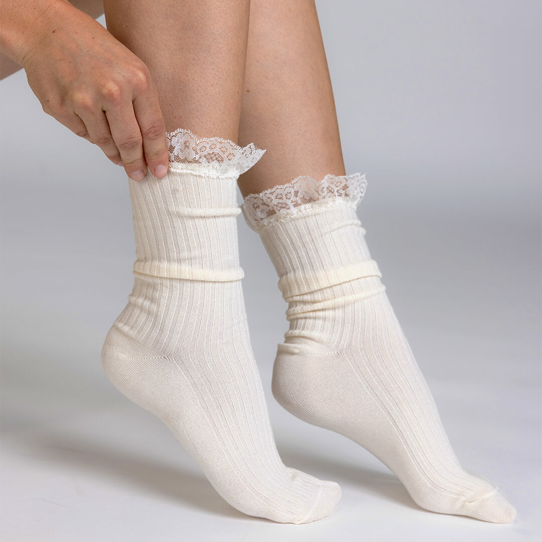 A person wearing cream-colored ribbed ankle socks with white lace trim at the top, shown against a light gray studio background.