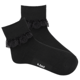 Black socks with lace trim on a white background, featuring the brand 'k.bell'. thumbnail