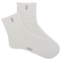 White socks with ice cream cone design and 'k.bell' branding on a white background