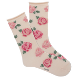 Pink-ish beige socks with pink rose pattern on a white background thumbnail
