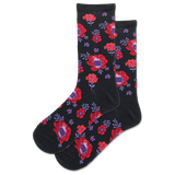 A pair of black crew socks with a red and purple poppy floral pattern.