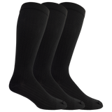 Three black knee-high socks on a white background