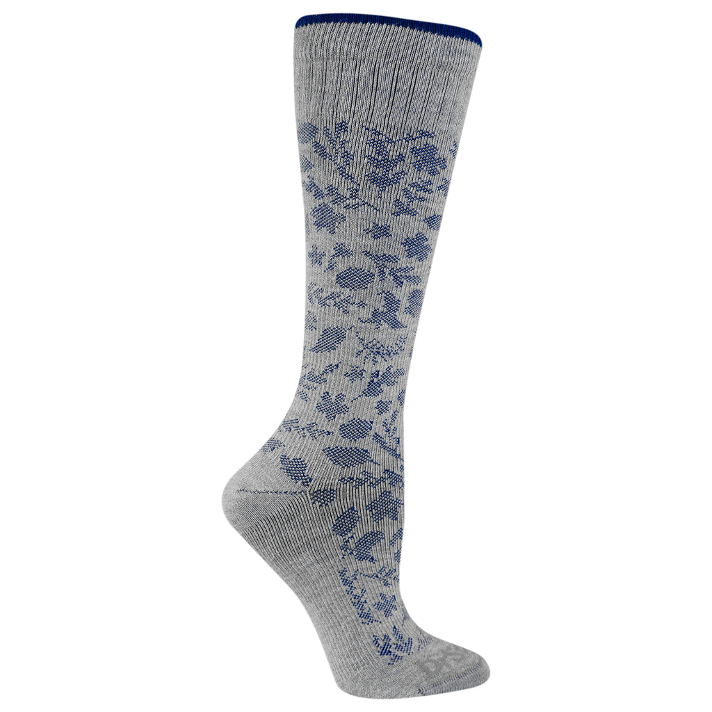 Gray compression sock with blue floral pattern on a white background
