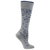 Gray compression sock with blue floral pattern on a white background thumbnail
