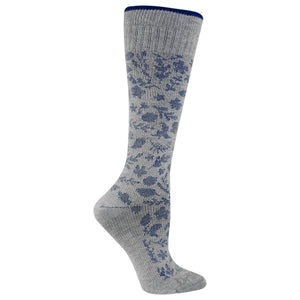Gray compression sock with blue floral pattern on a white background
